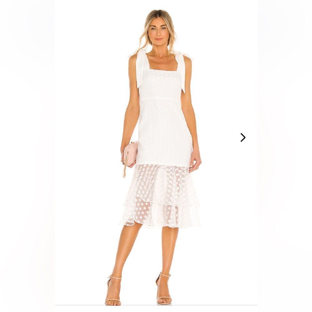 Lovers And Friends Daykeeper Midi Dress white polka dot bow tie Revolve Flaw